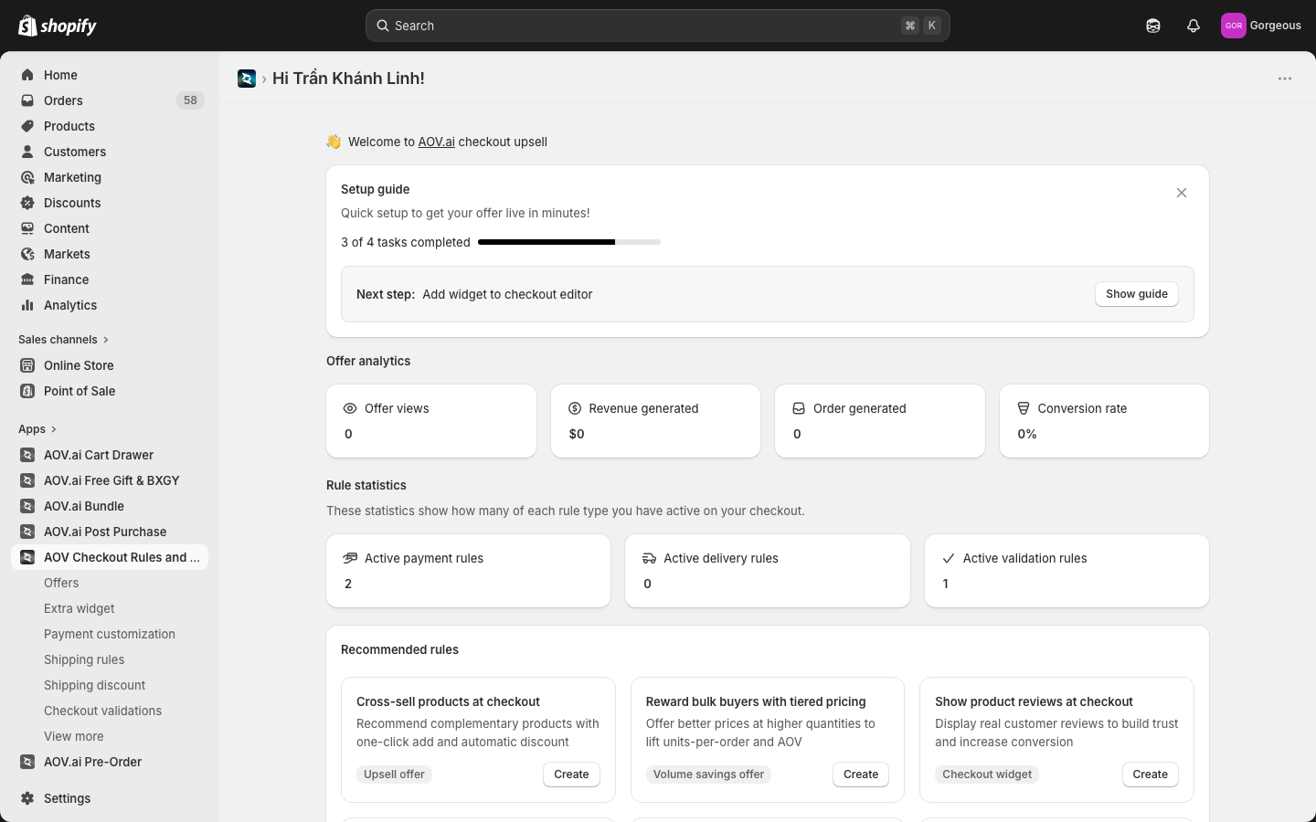 App dashboard home with the setup guide and analytics