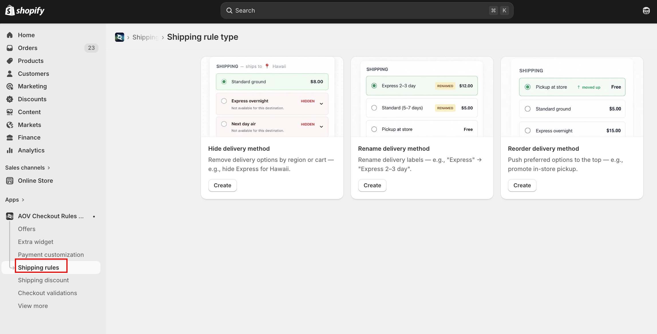Shipping rules list showing hide, rename and reorder delivery rules