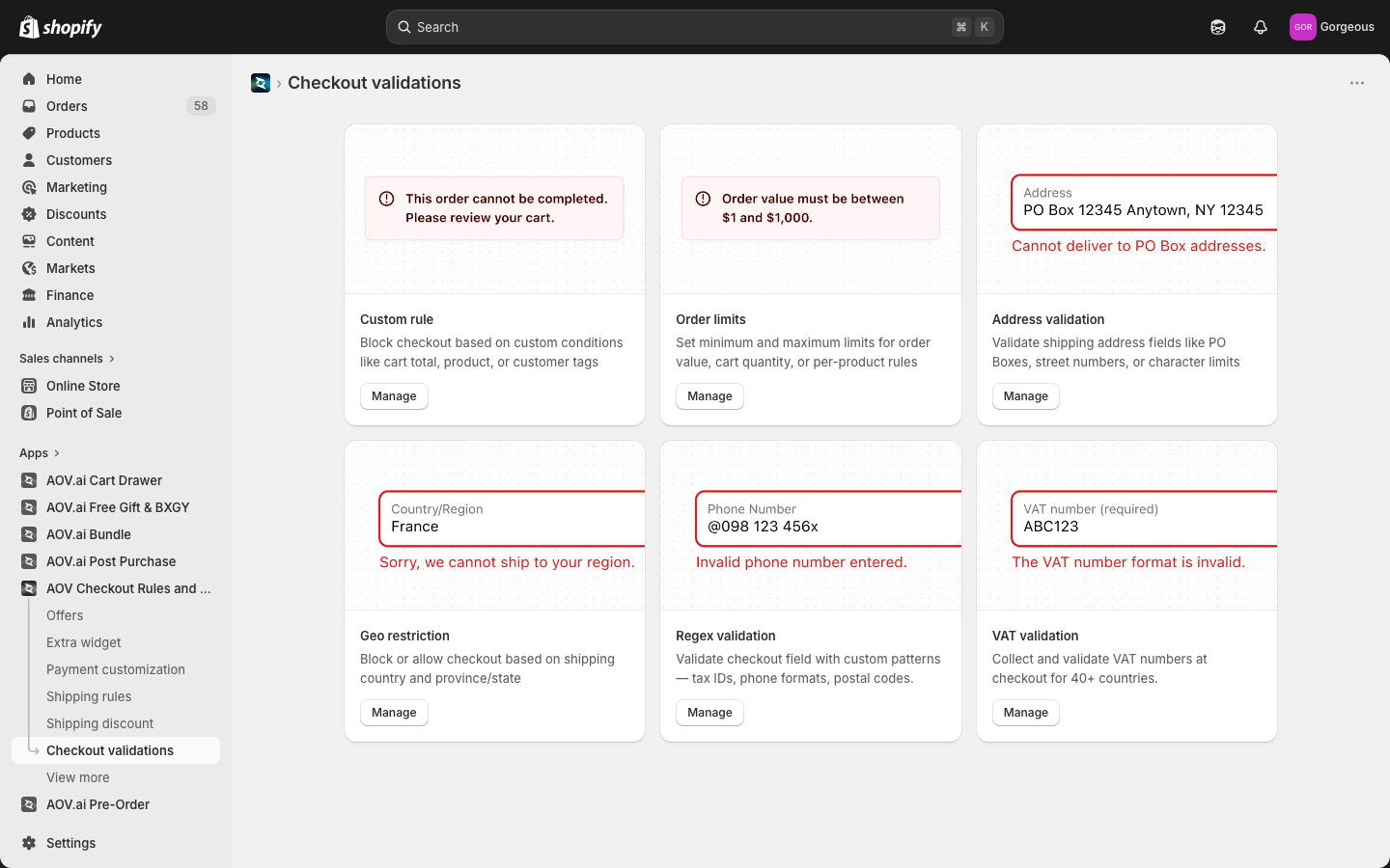 Checkout validations page showing the six validation types (Custom rule, Order limits, Address, Geo restriction, Regex, VAT)