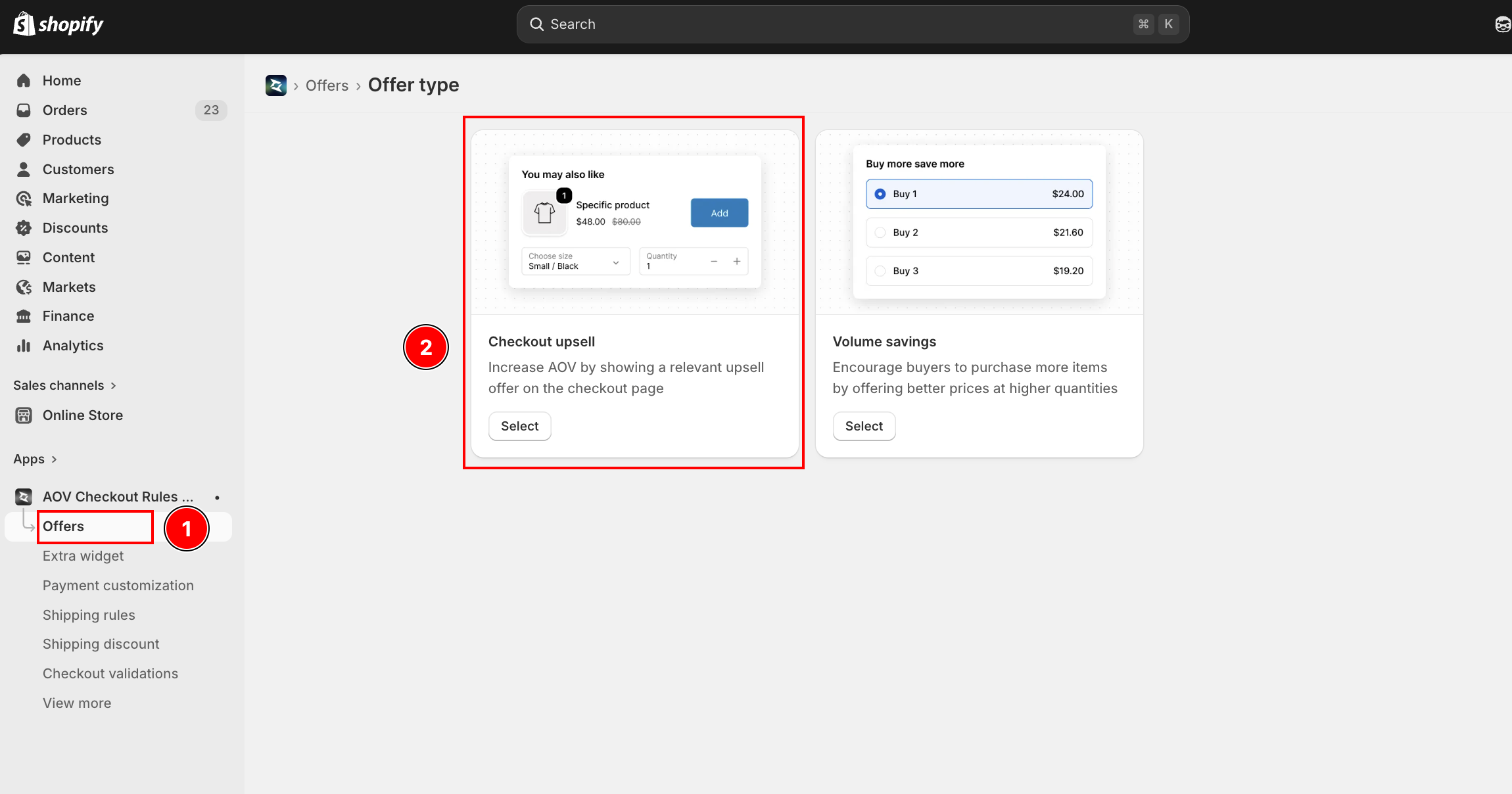 Offer type picker showing the Checkout upsell card (with a preview of an upsell offer and a Select button) next to the Volume savings card