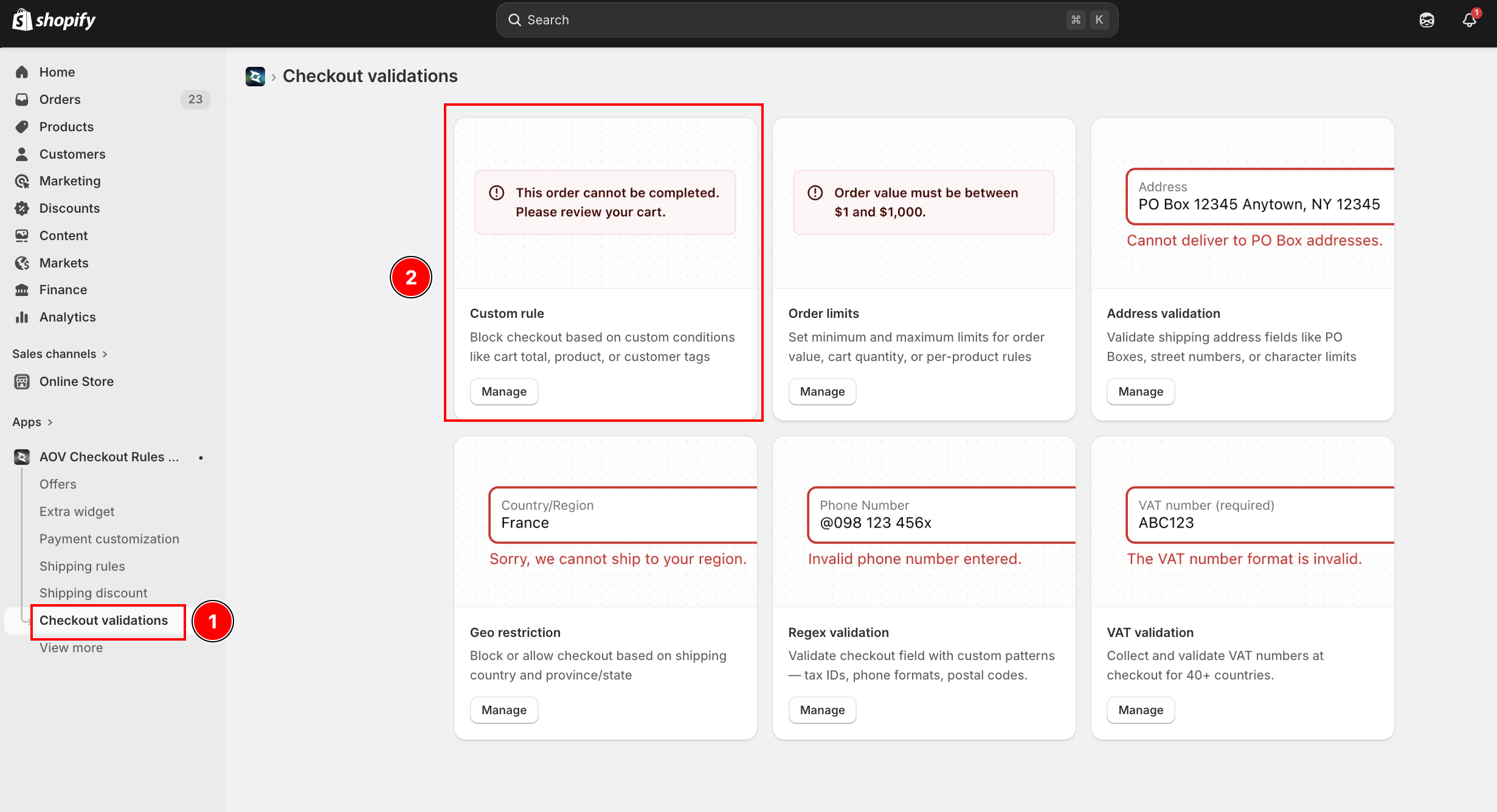 App sidebar with Checkout validations highlighted