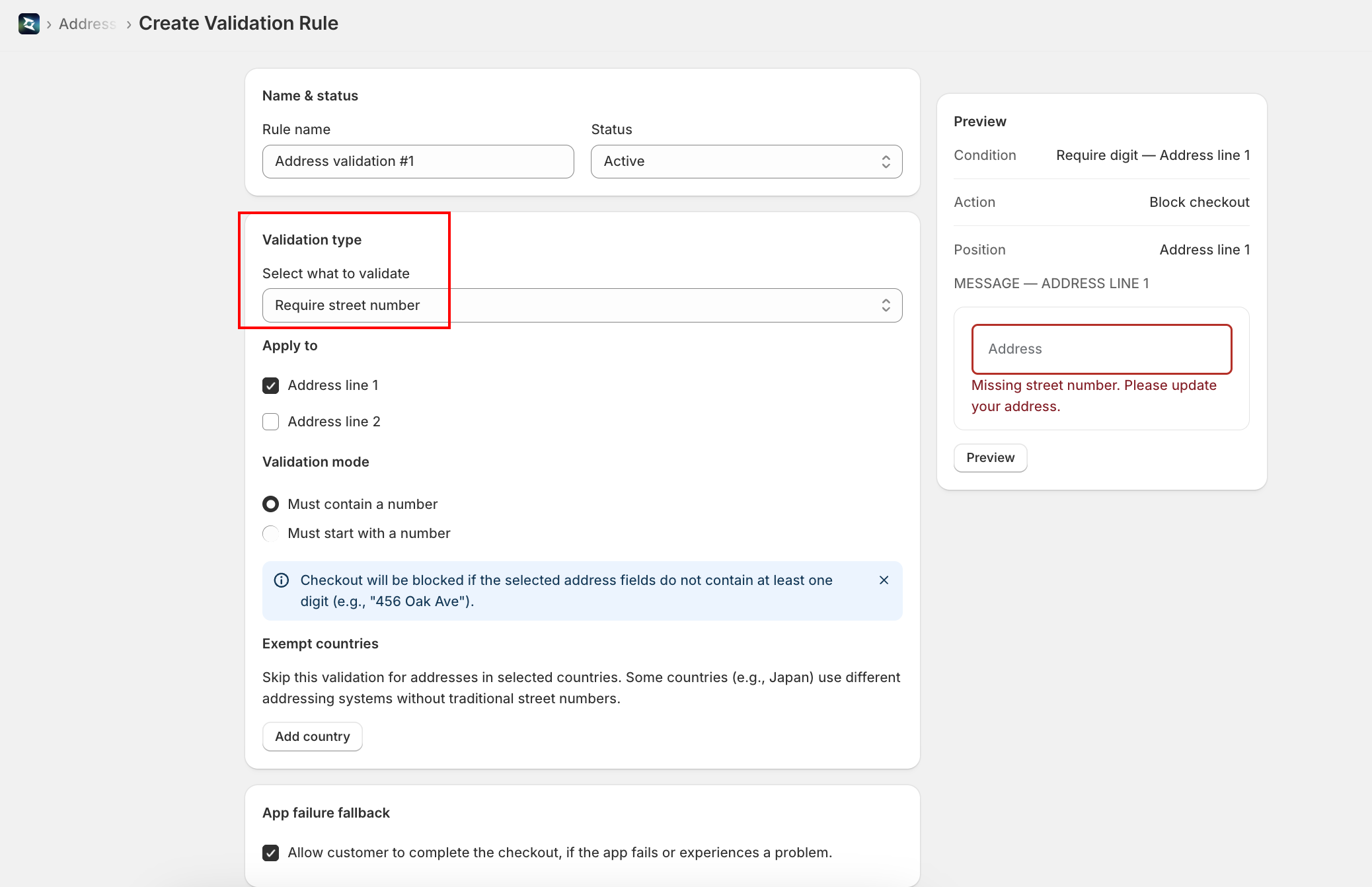 Require street number settings: Apply to fields, Validation mode, and Exempt countries