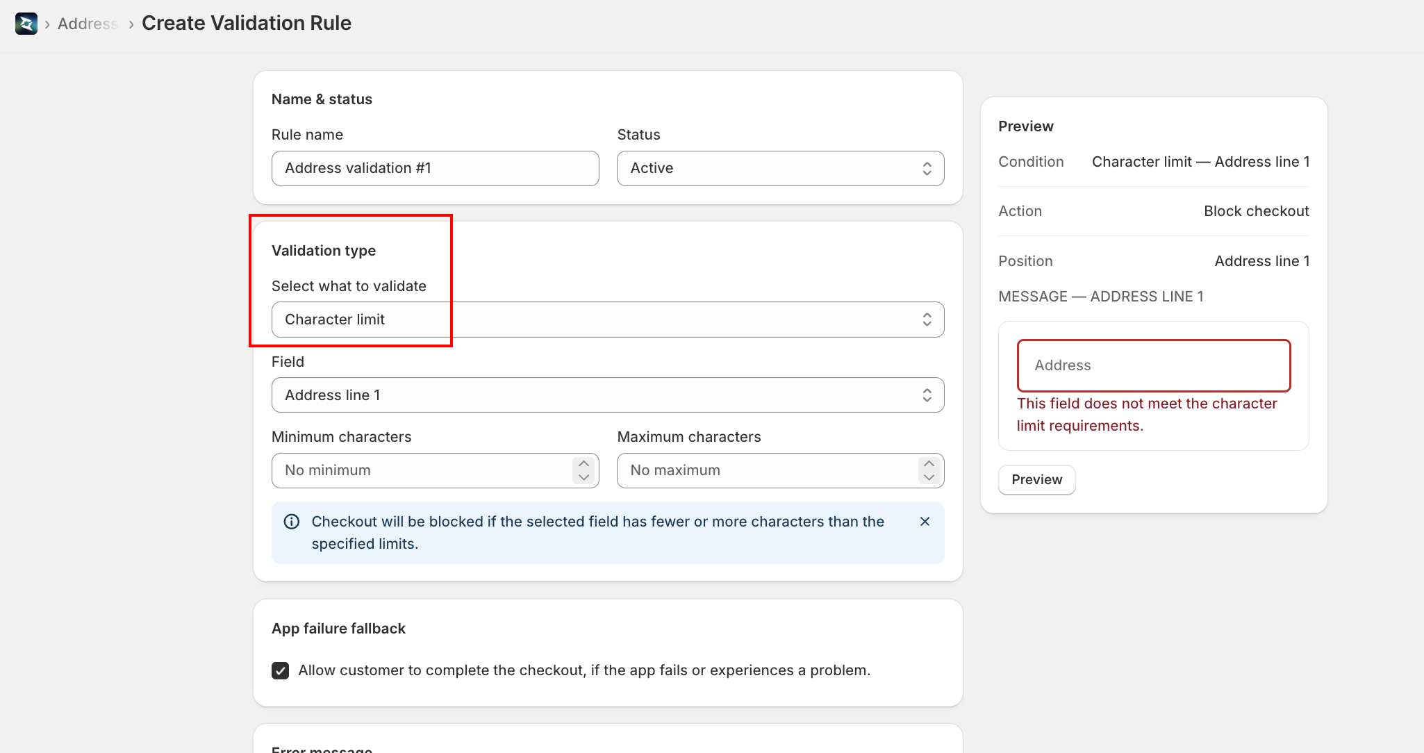 Character limit settings: Field selector with Minimum and Maximum character inputs