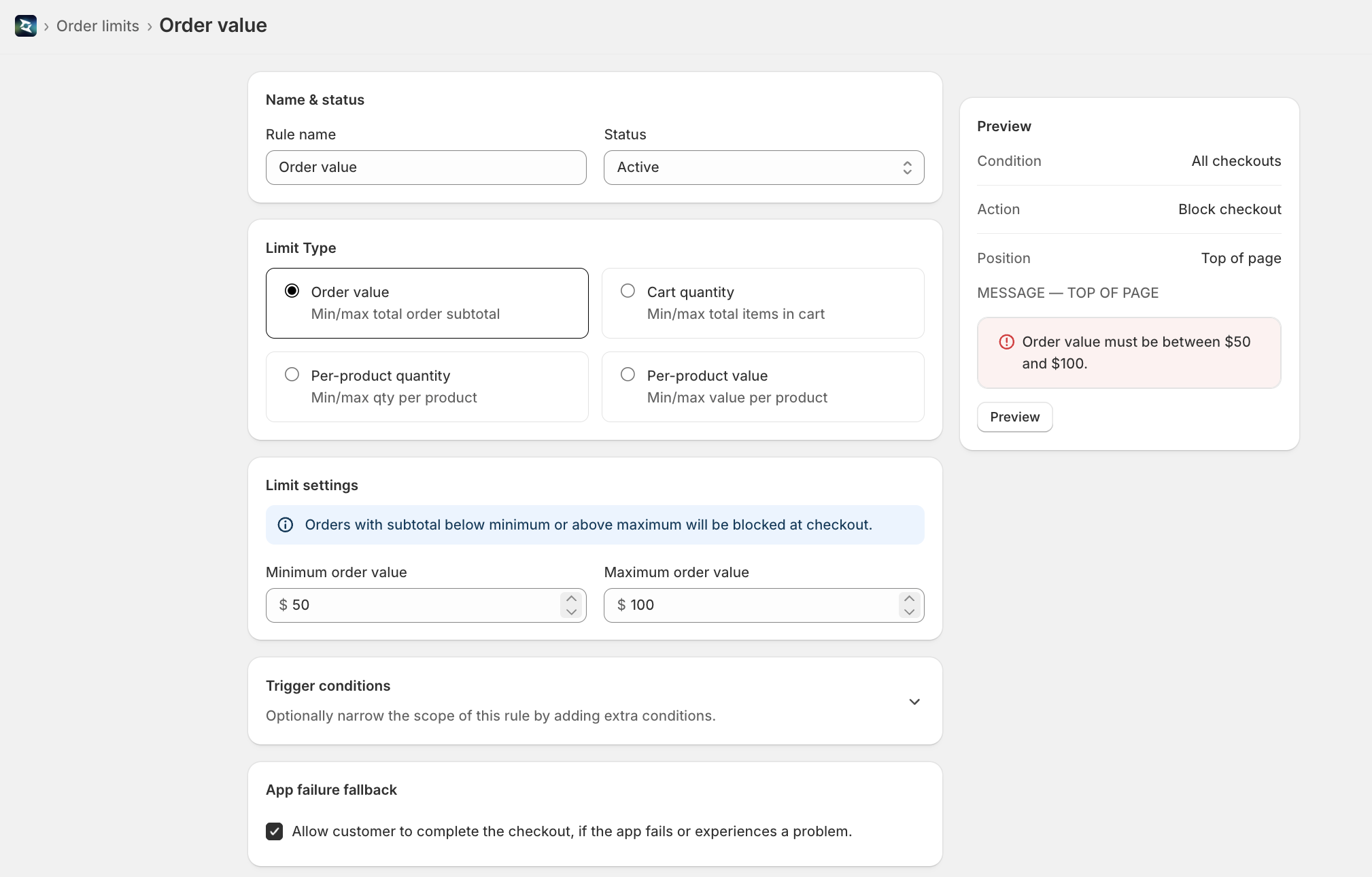 Order limits editor Name & status section with Rule name field and Status dropdown