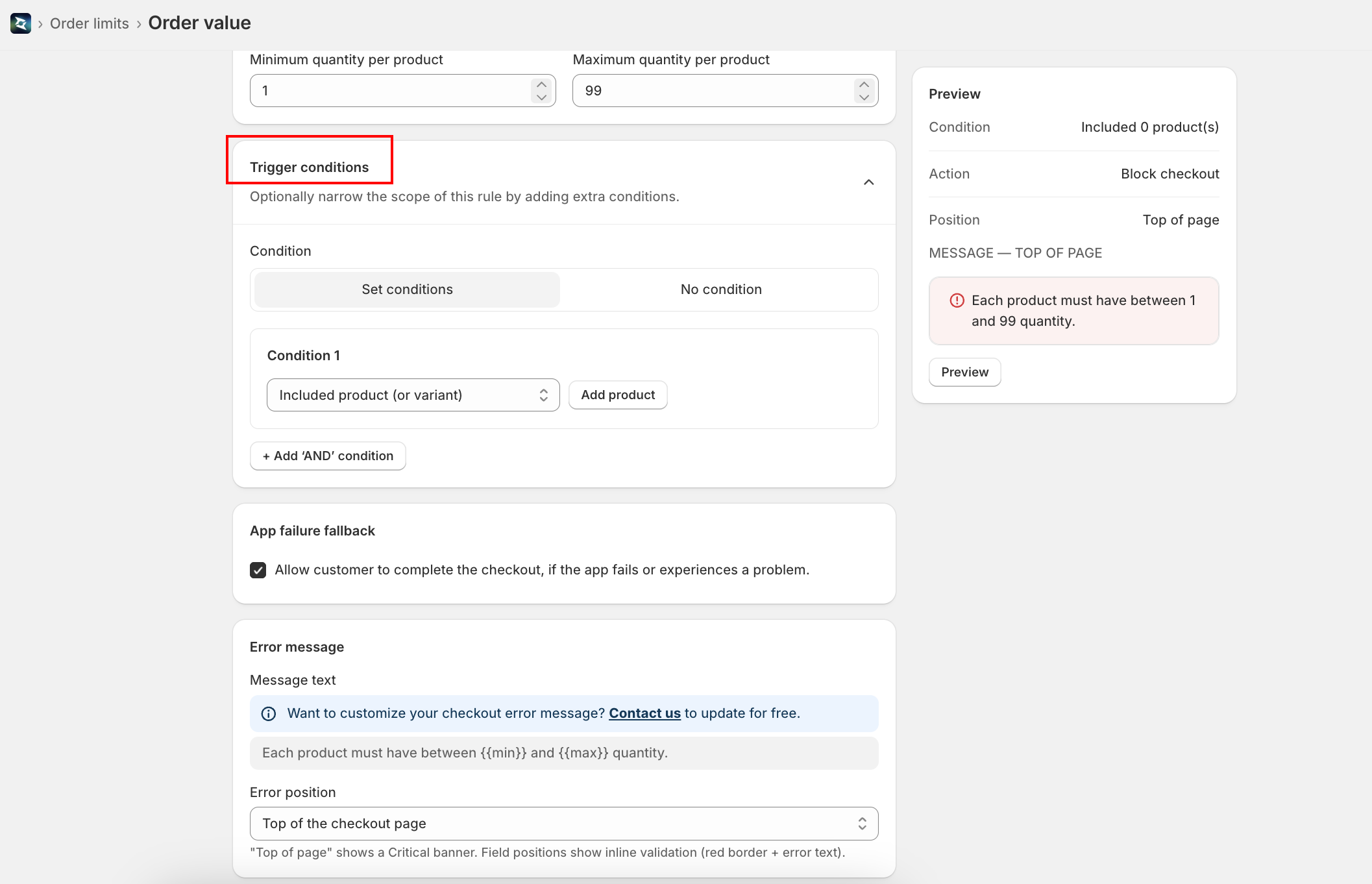 Trigger conditions with No condition and Set conditions modes