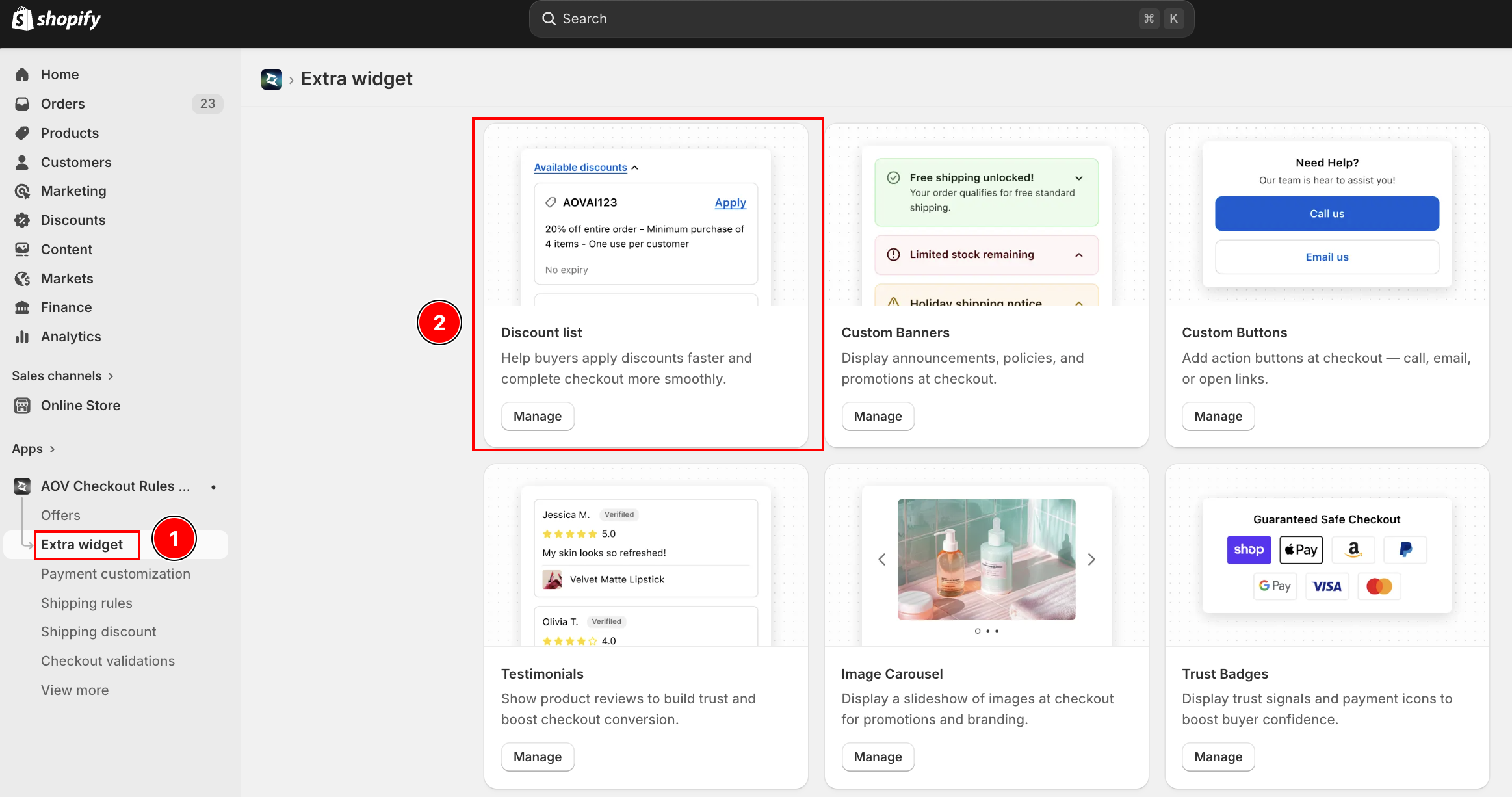 App sidebar with Extra widget highlighted