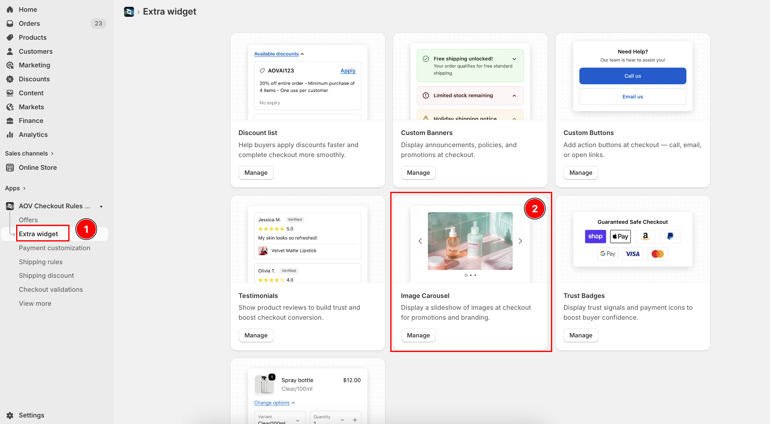 App sidebar with Extra widget highlighted