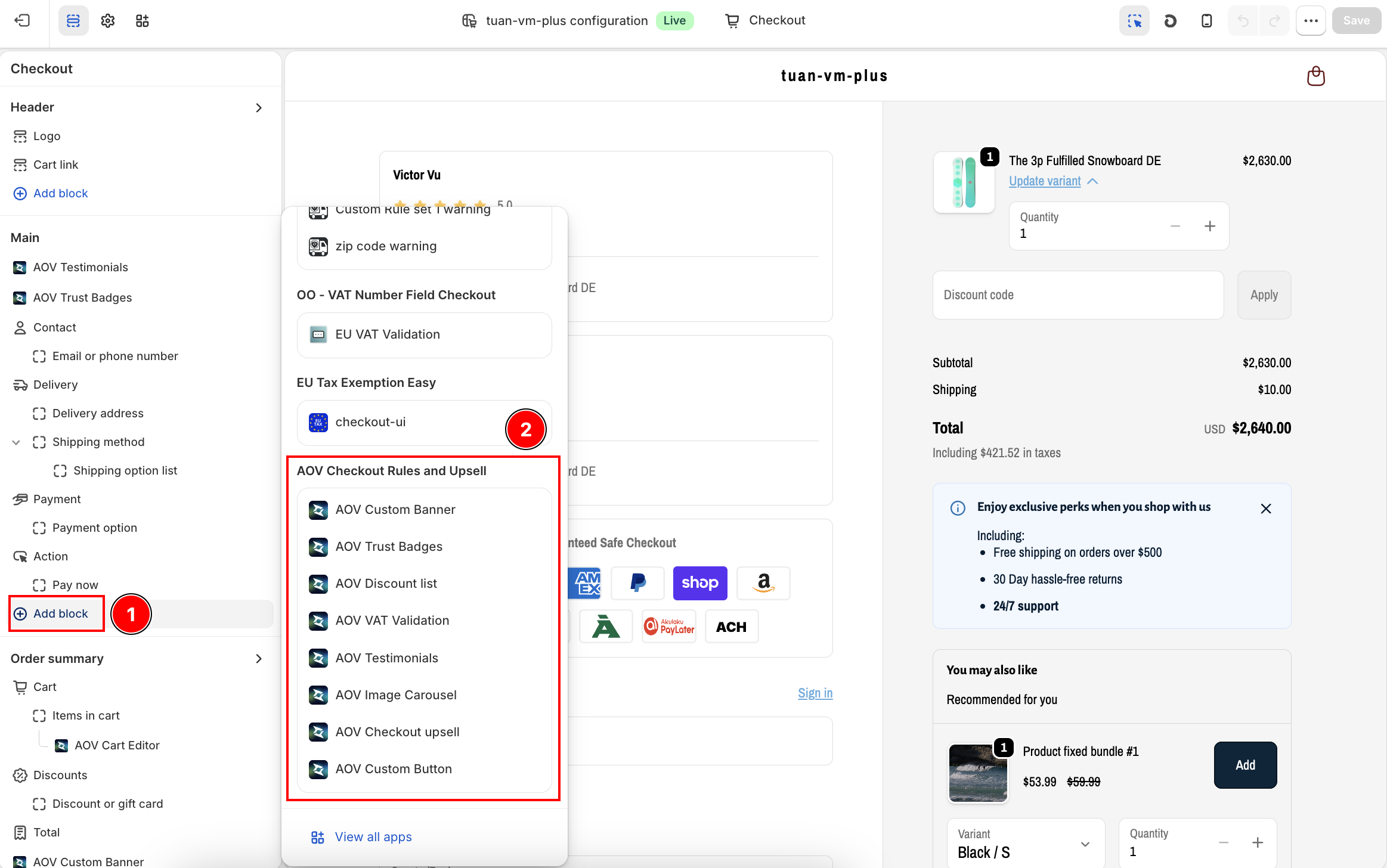 Checkout Editor Add block panel showing the AOV Checkout Rules and Upsell app blocks