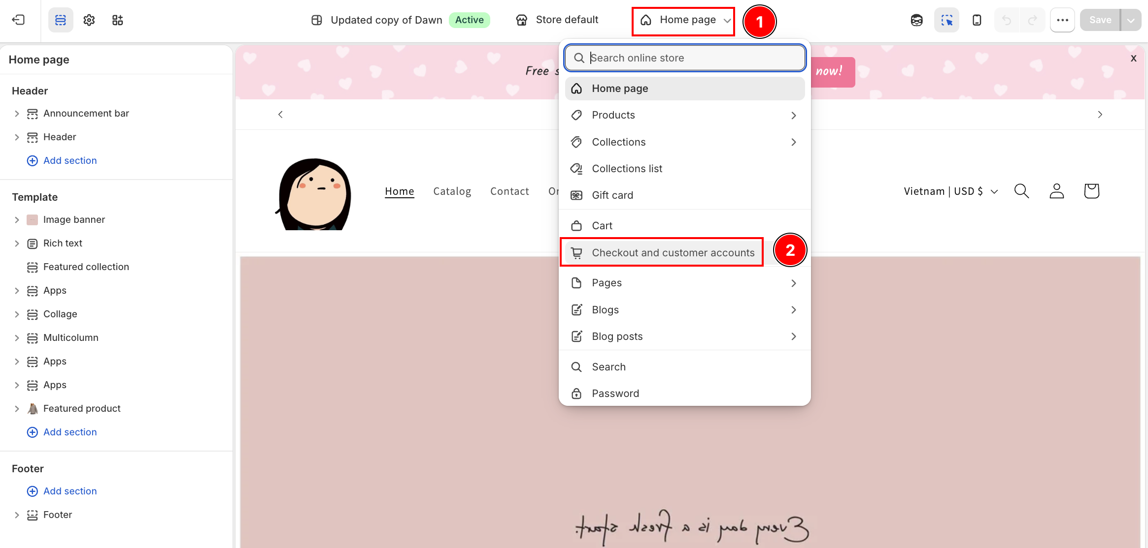 Shopify Theme Editor page dropdown with Checkout and customer accounts selected