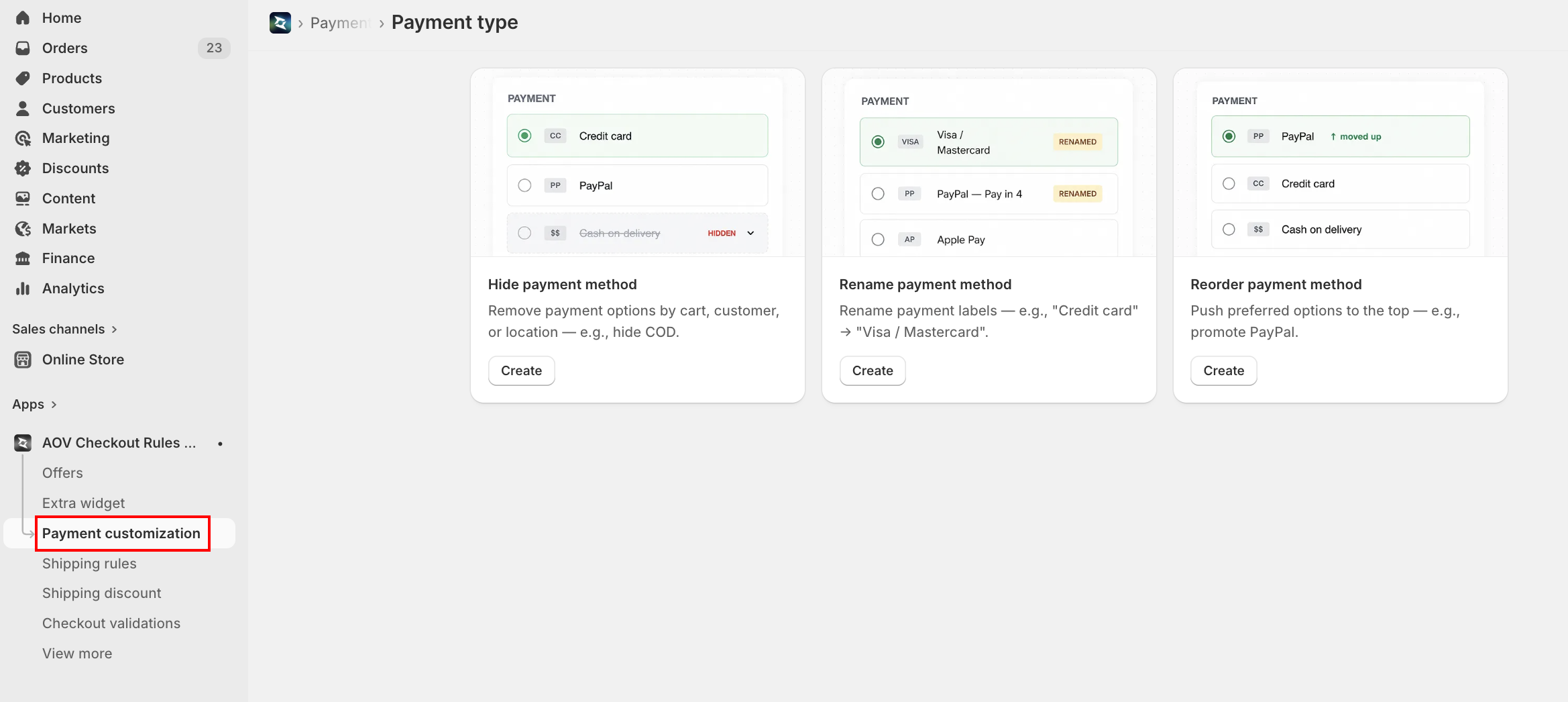 Payment customization rule types: Hide, Rename, and Reorder