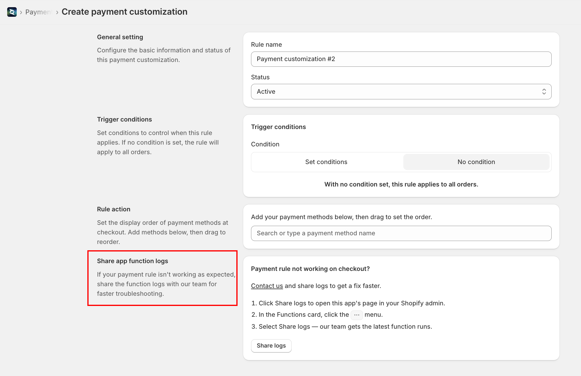 Share app function logs section in the rule editor