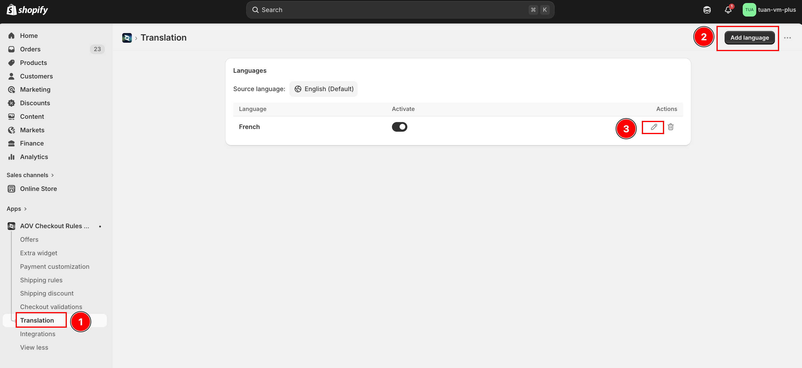 Translation editor showing the language list sourced from Shopify Markets