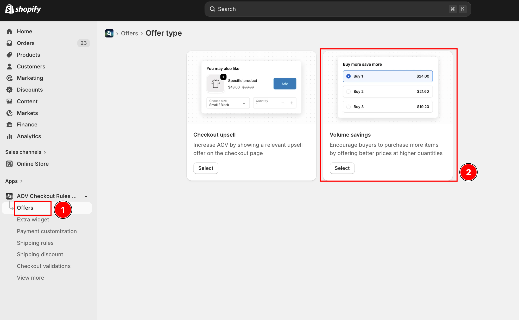 Offer type picker showing the Checkout upsell and Volume savings cards