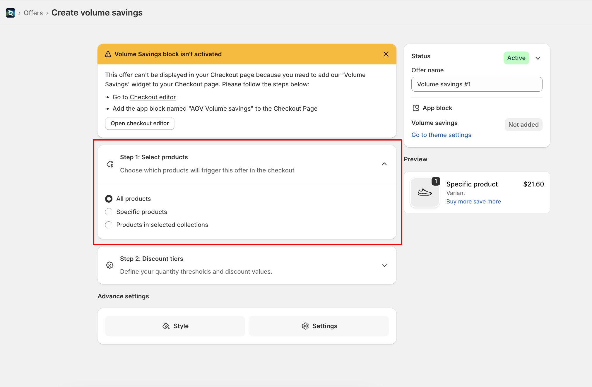 Volume Savings editor with the settings panel on the left and the live preview on the right