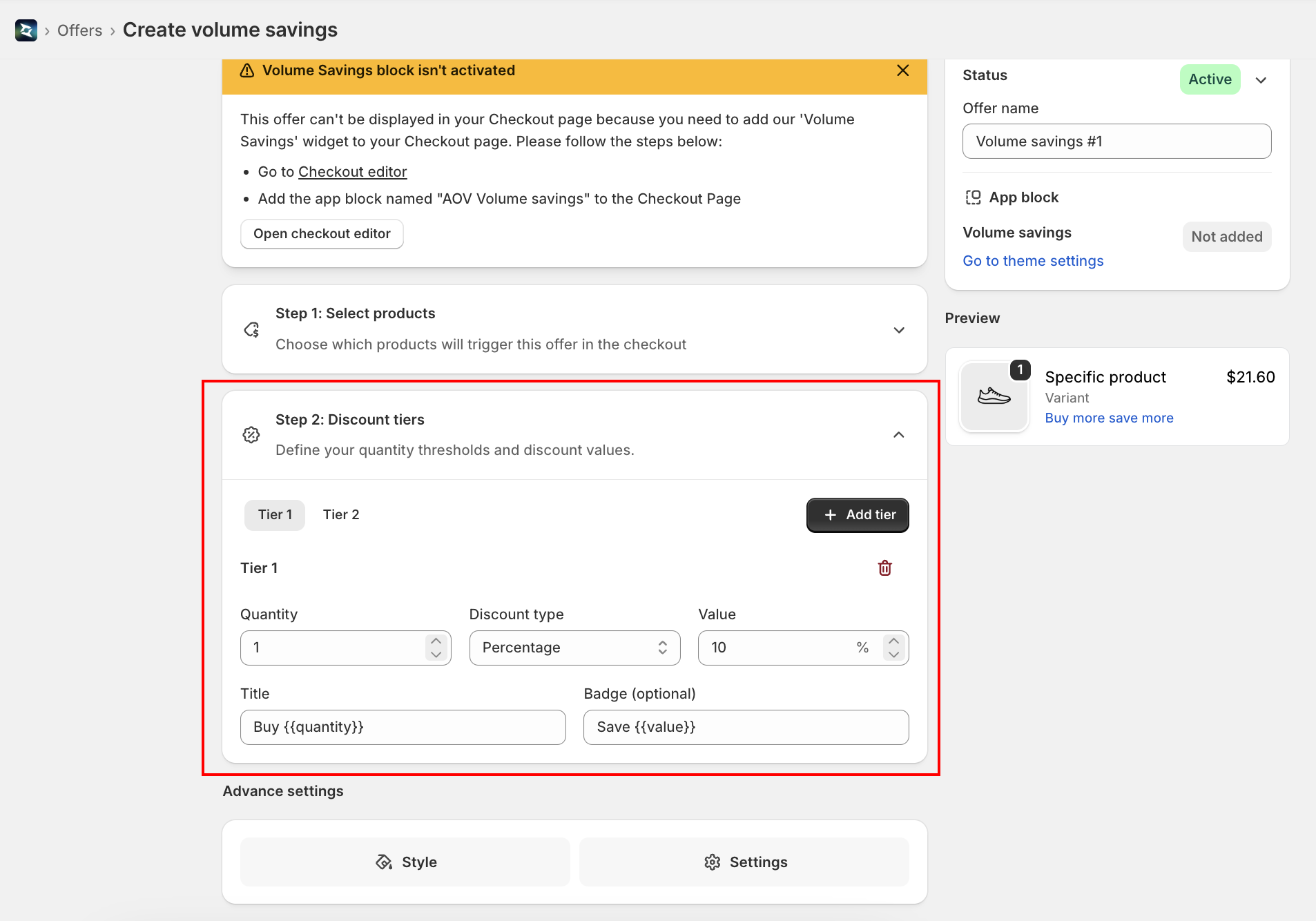 Step 2 Discount tiers panel with Tier tabs and per-tier fields (Quantity, Discount type, Value, Title, Badge)