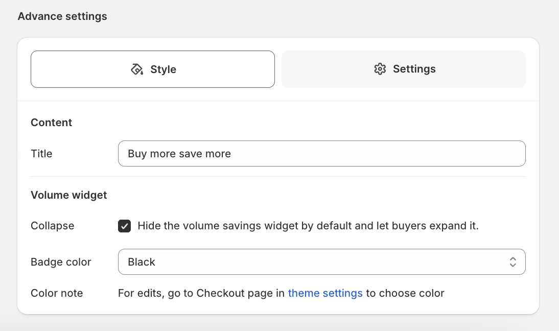 Advance settings Style tab with Title, Collapse, and Badge color fields