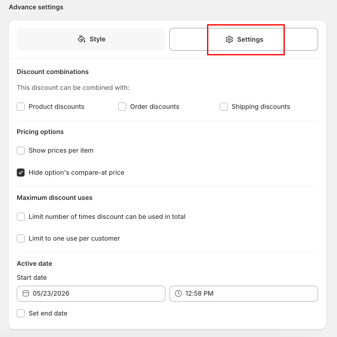 Advance settings Settings tab with discount combinations, pricing options, usage limits and schedule