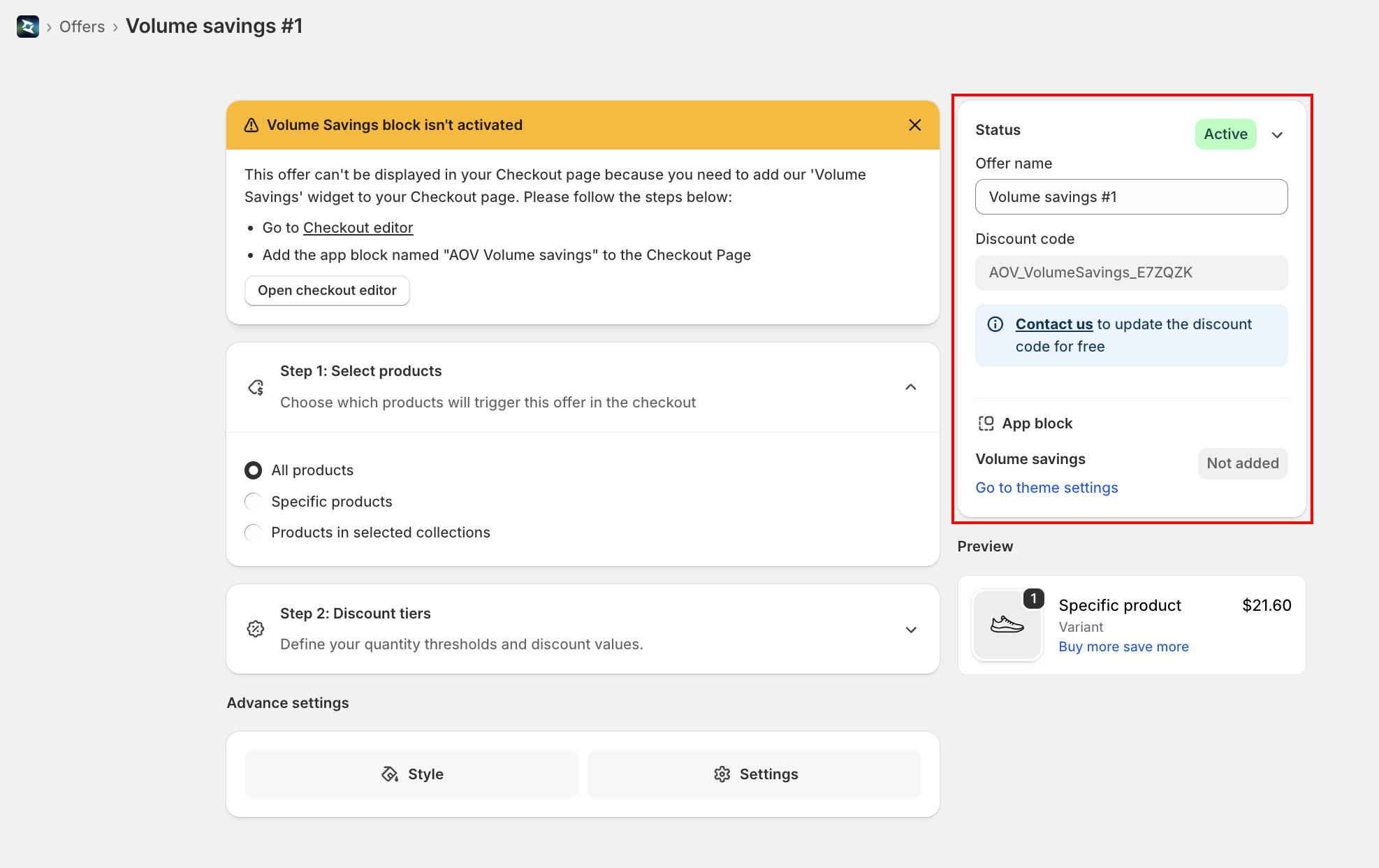 Offer aside panel showing Status, Offer name, Discount code, and App block